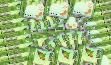 Sri Lanka Rupisi nakit hayran mozaiği şeklinde banknotlar halinde. 1000 LKR para notu. Soyut banka, finans, ekonomi dekoratif tasarım konsepti 3d illüstrasyon.