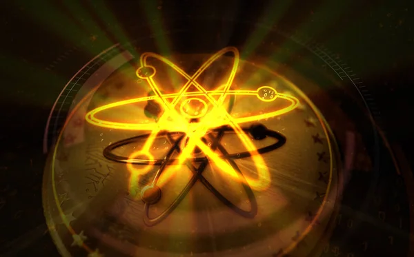 Kosmos Atom Kryptoměna Zlatá Mince Zeleném Pozadí Obrazovky Abstraktní Koncept — Stock fotografie