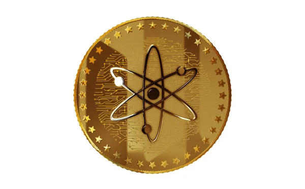 Криптовалюта Cosmos Atom Изолирована Золотой Монетой Зеленом Фоне Экрана Абстрактная — стоковое фото