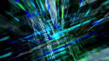 Yapay Zeka Makinesi derin öğrenim ve ai chat robot gpt manşet haber başlıkları medya. Soyut konsept döngü gösterir. Ekranlar arasında uçma efekti pürüzsüz ve döngülü 3d.