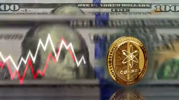 Космос Атом Криптовалюта Золотая Монета 100 Долларов Банкнот Подсчет Банкнот — стоковое видео