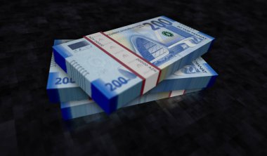 Azerbaycan parası Azerbaycan Manat para paketi 3D illüstrasyon. 200 AZN banknot destesi. Maliye, nakit, ekonomi krizi, iş başarısı, durgunluk, banka, vergi ve borç kavramı.