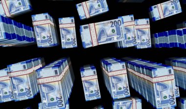 Azerbaycan parası Azerbaycan Manat para paketi 3D illüstrasyon. 200 AZN banknot destesi. Maliye, nakit, ekonomi krizi, iş başarısı, durgunluk, banka, vergi ve borç kavramı.