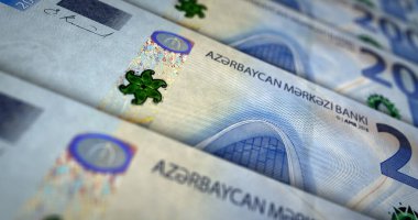 Azerbaycan Manat 'ın para basımı 3D illüstrasyon. 200 AZN banknot baskısı. Azerbaycan 'da finans, nakit, ekonomi krizi, iş başarısı, durgunluk, banka, vergi ve borç kavramı.