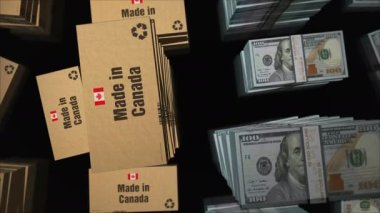 Kanada 'da ABD Doları' nın para desteleriyle yapılmış. İhracat, ticaret, dağıtım, üretim, nakliyat, iş ve ithalat. Soyut konsept 3D döngüsüz dikişsiz animasyon.