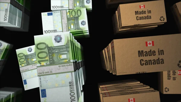 Made Canada Box Line Euro Money Bundle Stacks Export Trade — Stock Photo, Image