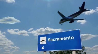 Uçak silueti Sacramento, California, ABD 'ye iniyor. Uluslararası havaalanı yön tabelasıyla ve mavi gökyüzüyle şehrin gelişi. Seyahat, seyahat ve ulaşım konsepti 3D illüstrasyon.