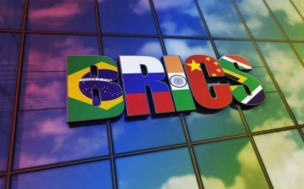 BRICS grup cam bina konsepti. Brezilya Rusya Hindistan Çin Güney Afrika ekonomi organizasyonu sembolü ön cephede 3d illüstrasyon.