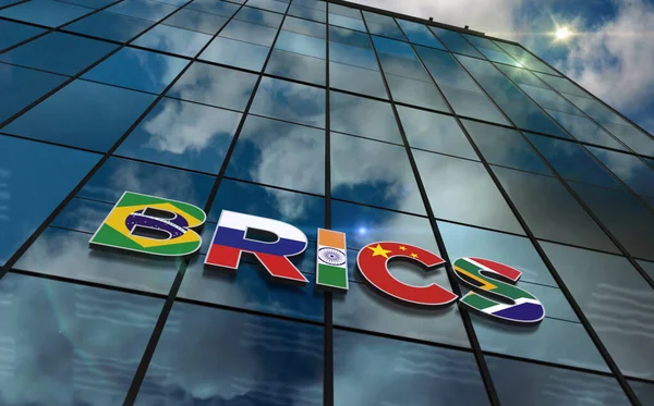 BRICS grup cam bina konsepti. Brezilya Rusya Hindistan Çin Güney Afrika ekonomi organizasyonu sembolü ön cephede 3d illüstrasyon.