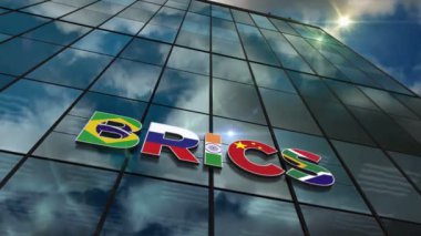 BRICS grup cam hızlandırılmış döngü konsepti. Brezilya Rusya Hindistan Çin Güney Afrika ekonomi organizasyon sembolü ön cephede 3d pürüzsüz ve çevrilebilir animasyon.