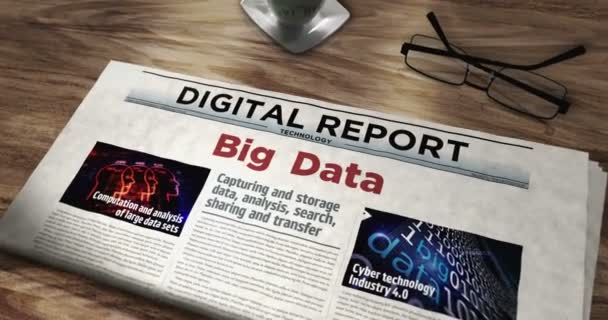 Big Data Machine Learning Tecnología Análisis Digital Diario Periódico Mesa — Vídeo de stock