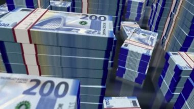 Azerbaycan parası Azerbaycan Manat para banknotları döngüsü. 3D uçuş 200 'den fazla AZN banknotları kuleleri istifliyor. Döngüsüz, soyut iş dünyası, ekonomi krizi ve finans kavramı.