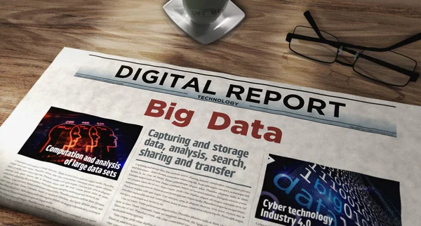 Big data machine learning and digital analysis technology daily newspaper on table. Headlines news abstract concept 3d illustration.