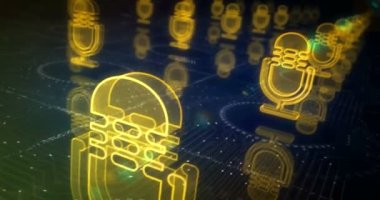 Mikrofon podcast 'i çevrimiçi ve canlı yayın sembolü soyut siber konsept. Dijital teknoloji ve bilgisayar arkaplanı pürüzsüz ve döngülü 3D animasyon.