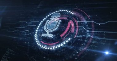 Mikrofon podcast 'i çevrimiçi ve canlı yayın sembolü dijital konseptte. Ağ, siber teknoloji ve bilgisayar geçmişi soyut 3D animasyon. Kusursuz ve döngüsüz.