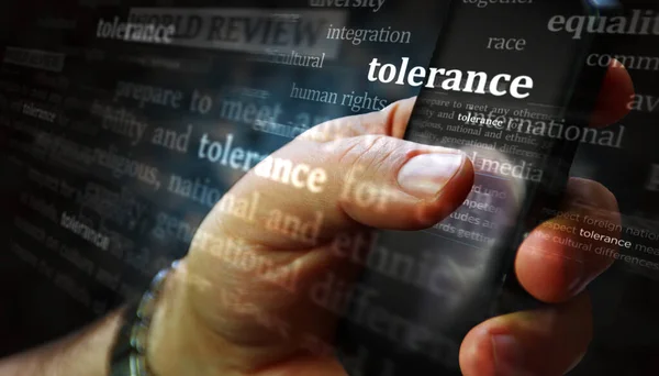 Tolerancia Tiszteletben Tartja Elfogadottságot Szolidaritást Közösségi Médiában Keresése Tabletta Pad — Stock Fotó