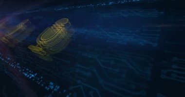 Mikrofon podcast 'i çevrimiçi ve canlı yayın hologram sembolü elektronik devre arka planında görünüyor. Ağ, siber teknoloji soyut kavram 3 boyutlu kusursuz döngü animasyonu.
