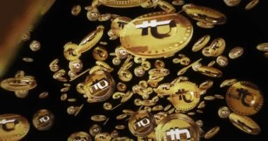 Dijital Ruble Rub Rub Kripto Para Birimi altın sikkeler arasında izole edilmiş. Dönen altın metal madeni paralar soyut kavram kalıplarını döndürür. Döngüsüz ve pürüzsüz 3d canlandırma.