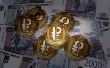 Dijital Ruble Rub Rub Şifrelenebilir Altın Para Dolar banknotları üzerinde. Çevrimiçi ödeme ve şifreli para aktarımı soyut konsept 3d illüstrasyon.