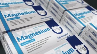 Magnezyum tablet kutusu üretim hattı. Hafıza ve konsantrasyon hapları fabrikasını destekleyin. Soyut kavram 3D döngüsüz dikişsiz.
