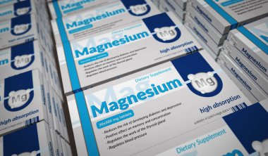 Magnezyum tablet kutusu üretim hattı. Hafıza ve konsantrasyon hapları fabrikasını destekleyin. Soyut konsept 3D resimleme.