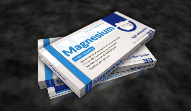Magnezyum tablet kutusu üretim hattı. Hafıza ve konsantrasyon hapları fabrikasını destekleyin. Soyut konsept 3D resimleme.