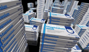 Magnezyum tablet kutusu üretim hattı. Hafıza ve konsantrasyon hapları fabrikasını destekleyin. Soyut konsept 3D resimleme.