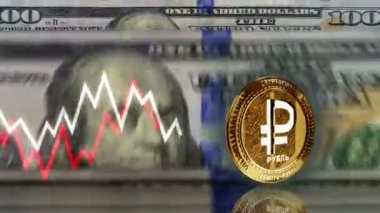 Dijital Ruble Rub Şifrelenebilir Altın Para 100 doların üzerinde. Arka planda ABD banknot sayma ve çizelge çizgisi. Döngüsüz ve pürüzsüz 3D soyut kavram.