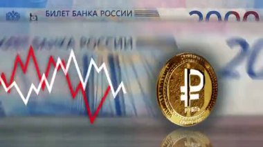 Rus Rublesi banknotlarının üzerinde dijital Ruble Rub Rub Kripto Para Birimi. Arka planda not sayma ve çizelge çizgisi. Döngüsüz ve pürüzsüz 3D soyut kavram.