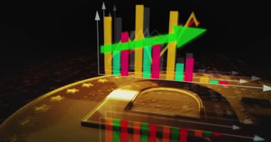 Dijital Ruble Rub Rub Şifrelenebilir Altın Para Tablosu 'nu çeviriyor. Artan ve azalan çizgilerle fiyat grafiği. Çevrimiçi ödeme ve işlem 3D soyut kavram.
