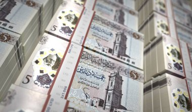Libya parası Libya Dinarı para paketi 3D illüstrasyon. 5 LYD banknot destesi. Maliye, nakit, ekonomi krizi, iş başarısı, durgunluk, banka, vergi ve borç kavramı.