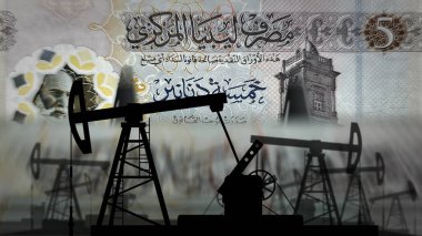 Libya parası Libya Dinar para sayma makinesi ve petrol pompası. Petrol kulesi ve LYD banknotları ile yakıt enerji işi sayılır. Ekonomik soyut kavram arka plan illüstrasyonu.