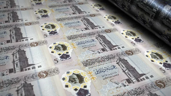 Libyan Dinar money printing 3d illustration. 5 LYD banknote print. Concept of finance, cash, economy crisis, business success, recession, bank, tax and debt in Libya.