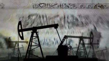 Libya parası Libya Dinar para sayma makinesi ve petrol pompası. Petrol kulesi ve LYD banknotları ile yakıt enerji işi sayılır. Ekonomik soyut kavram arka plan döngüsüz 3D.