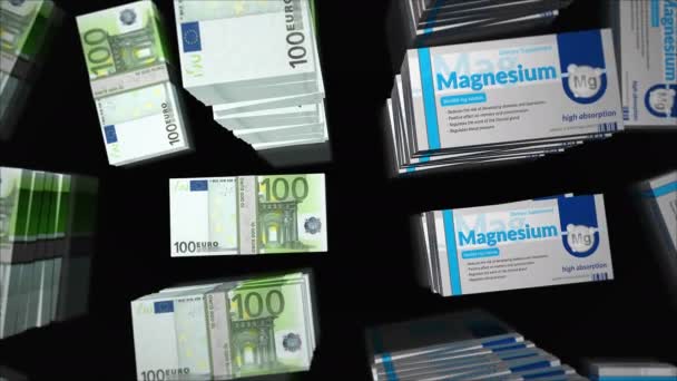 Magnésio Comprimidos Caixa Euro Dinheiro Pacote Pilhas Suporte Memória Concentração — Vídeo de Stock