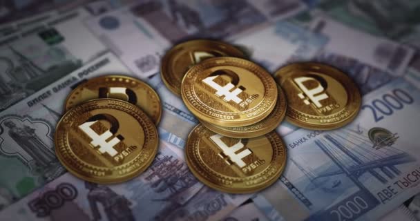 Rublo Digital Rub Cryptoruble Criptomoneda Moneda Oro Sobre Los Billetes — Vídeo de stock