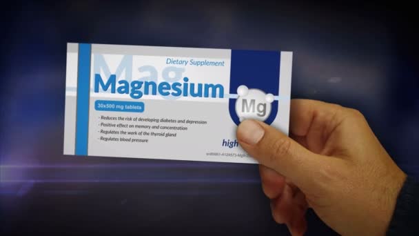 手元にあるマグネシウムの錠剤箱 サポート メモリおよび集中の丸薬のパック 抽象概念3Dレンダリングアニメーション — ストック動画