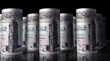 Libya parası Libya dinarı 3D animasyon döngüsü. LYD 'nin önünde hareket eden bir kamera var. Kusursuz döngüsüz ekonomi, finans, iş ve borç kavramı.