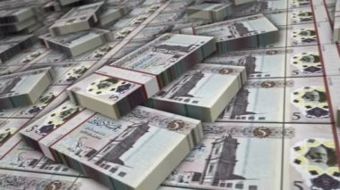 Libya parası Libya Dinar banknot döngüsü. LYD para yığınları. İş, ekonomi, bankacılık ve finans kavramı. Para paketlerinin üzerinde kamera var. Döngüsüz 3D canlandırma.