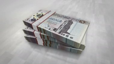 Libya parası Libya Dinarı para yığını. Ekonomi, bankacılık, iş, kriz, durgunluk, borç ve finans konularının kavramı. 5 LYD banknotları 3D animasyon yığınları.