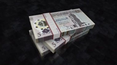 Libya parası Libya Dinarı para yığını. Ekonomi, bankacılık, iş, kriz, durgunluk, borç ve finans konularının kavramı. 5 LYD banknotları 3D animasyon yığınları.