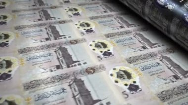 Libya parası Libya Dinarı para basım makinesi döngüsü banknotları. Kağıt LYD banknot baskısı 3D döngü kusursuz. Soyut bankacılık, borç, finans, ekonomi ve kriz kavramı.