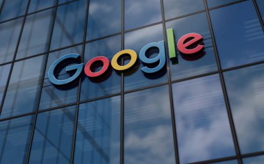 Mountain View, California, 20 Ağustos 2023: Google Alphabet genel merkezi cam bina kavramı. Holding Holding şirketinin ön cephedeki logosu 3D illüstrasyon..