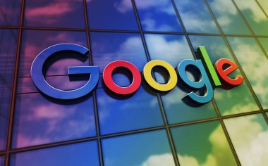 Mountain View, California, 20 Ağustos 2023: Google Alphabet genel merkezi cam bina kavramı. Holding Holding şirketinin ön cephedeki logosu 3D illüstrasyon..