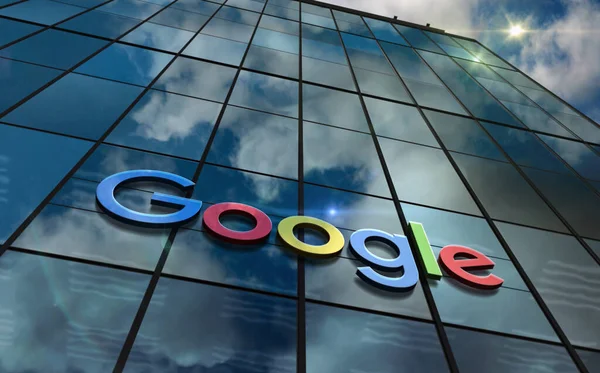Mountain View, California, 20 Ağustos 2023: Google Alphabet genel merkezi cam bina kavramı. Holding Holding şirketinin ön cephedeki logosu 3D illüstrasyon..