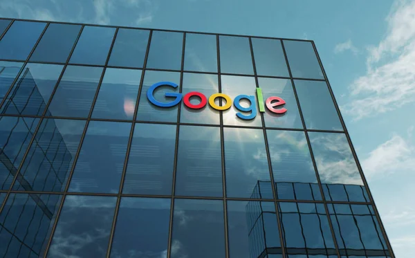 Mountain View, California, 20 Ağustos 2023: Google Alphabet genel merkezi cam bina kavramı. Holding Holding şirketinin ön cephedeki logosu 3D illüstrasyon..