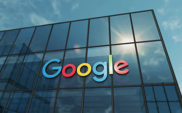 Mountain View, California, 20 Ağustos 2023: Google Alphabet genel merkezi cam bina kavramı. Holding Holding şirketinin ön cephedeki logosu 3D illüstrasyon..