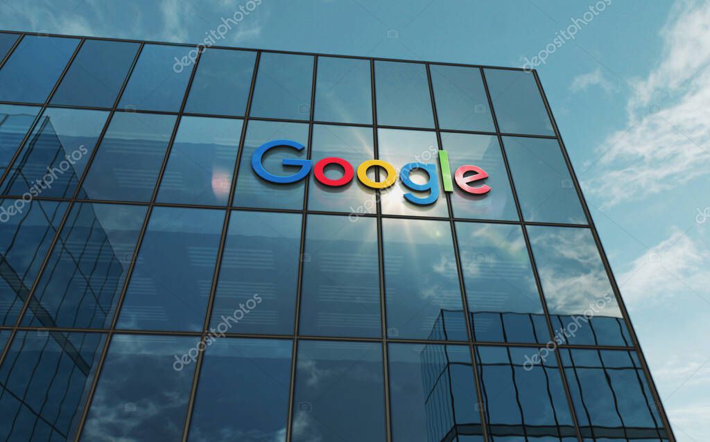 Mountain View, California, August 20, 2023: Google Alphabet headquarters glass building concept. Conglomerate holding company symbol logo on front facade 3d illustration.