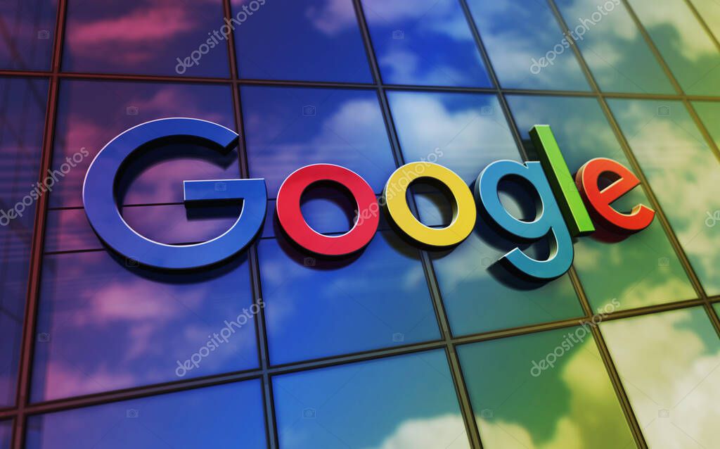 Mountain View, California, August 20, 2023: Google Alphabet headquarters glass building concept. Conglomerate holding company symbol logo on front facade 3d illustration.