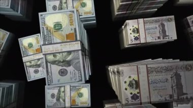 Amerikan Doları ve Libya Dinarı para değişimi. Banknotlar tomar tomar. Ticaret, ekonomi, rekabet, kriz, bankacılık ve finans kavramı. Döngüsüz 3D notalar.